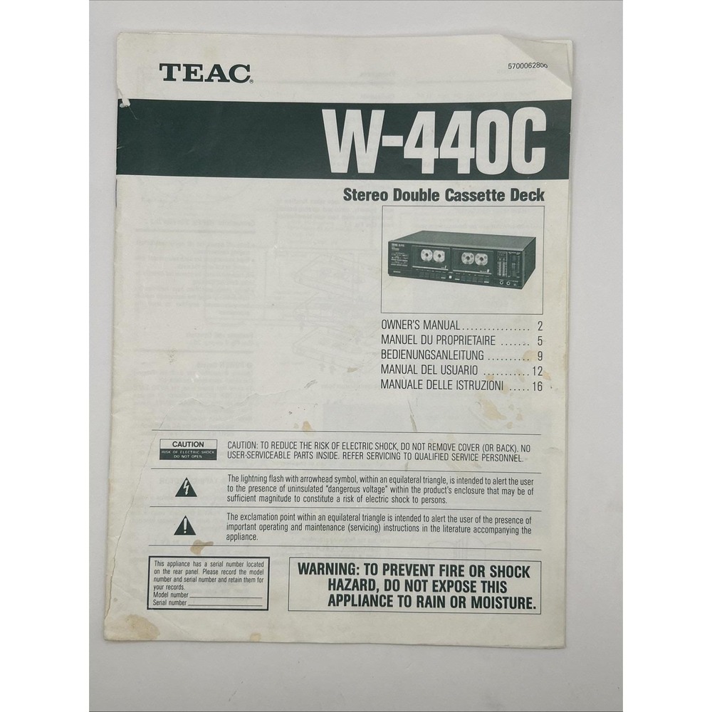 TEAC W-440c Stereo Double Cassette Deck Owner's Manual
